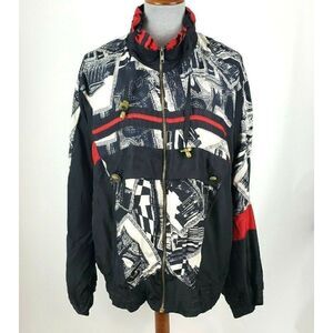 Vintage 80s 90s Black Red Studio Art Print Silk Track Jacket Windbreaker Sz S